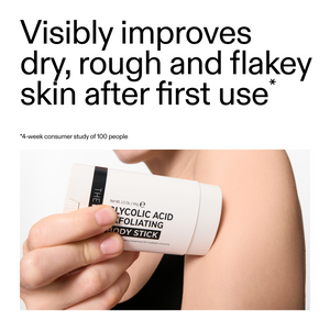 Body stick with text claiming to improve dry, rough, and flaky skin.