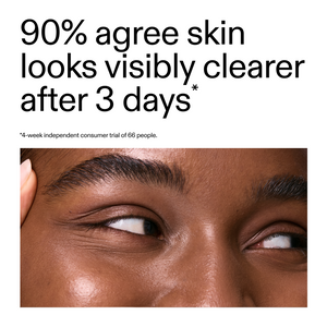 Advertisement with text about skin clarity improvement after 3 days, featuring a close-up of a person's eye.