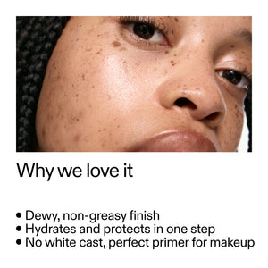 Close-up of a person's face with text highlighting Dewy Sunscreen SPF 30 features.