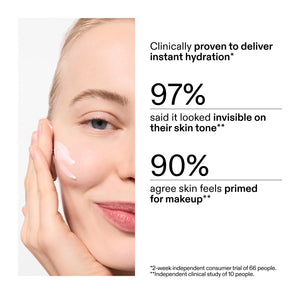 woman's face with text about instant hydration and user feedback from clinical study