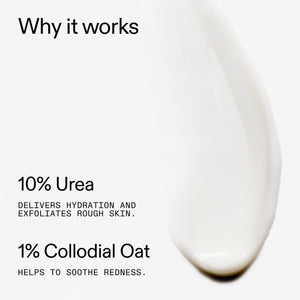 Close-up of a 10% Urea Moisturiser with text explaining its ingredients and benefits on a white background.