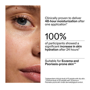 Close-up of a person's eye with text about skincare product efficacy in a clinical study using 10% Urea Moisturiser
