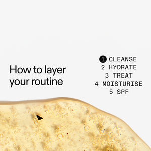 Skincare product with text on how to layer Fulvic Acid Cleanser a routine