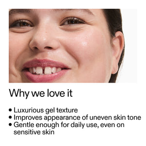 Close-up of a woman's face with text highlighting product features in Fulvic Acid Cleanser on a white background