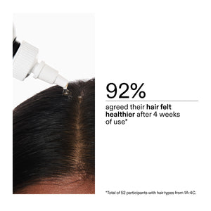 Glycolic Acid Exfoliating Scalp Scrubt being applied to hair with text indicating 92% of users found their hair healthier after 4 weeks.