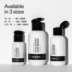 Different Hyalurhnic Acid Serum bottle sizes and uses (30ml = 60 uses, 60ml = 120 uses, 100ml = 180 uses)