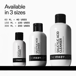 Three bottles of The Inkey List Salicylic Acid Cleanser with usage information on a white background.