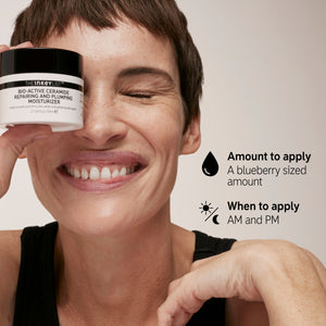 Infographic: Bio-active cream, use blueberry sized amount AM+PM