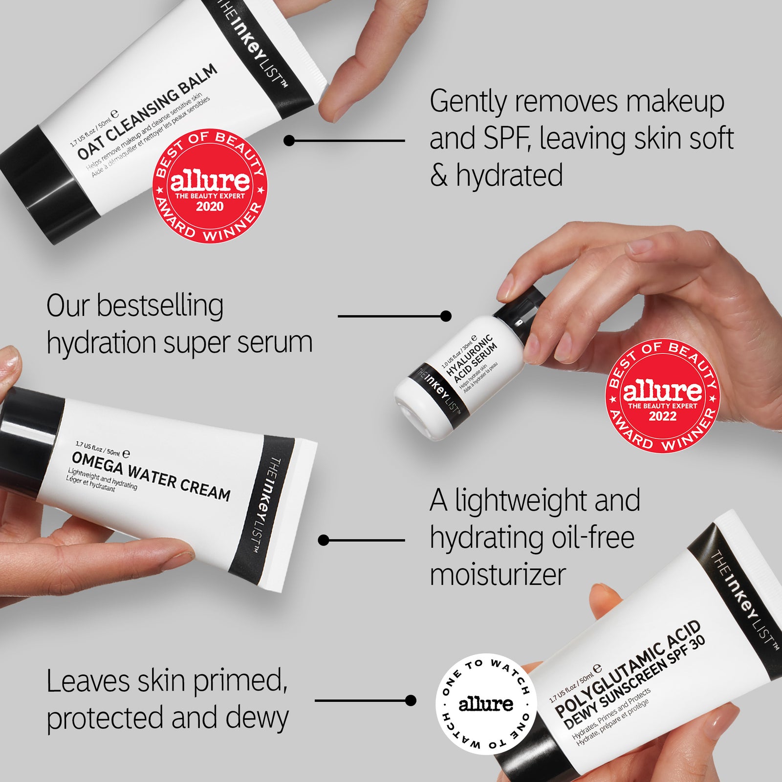 Award spotlight: Oat Cleansing balm Allure 2020 award, HA Serum with Allure 2022 award and Dewy SPF 30 Allure 'One to watch' award