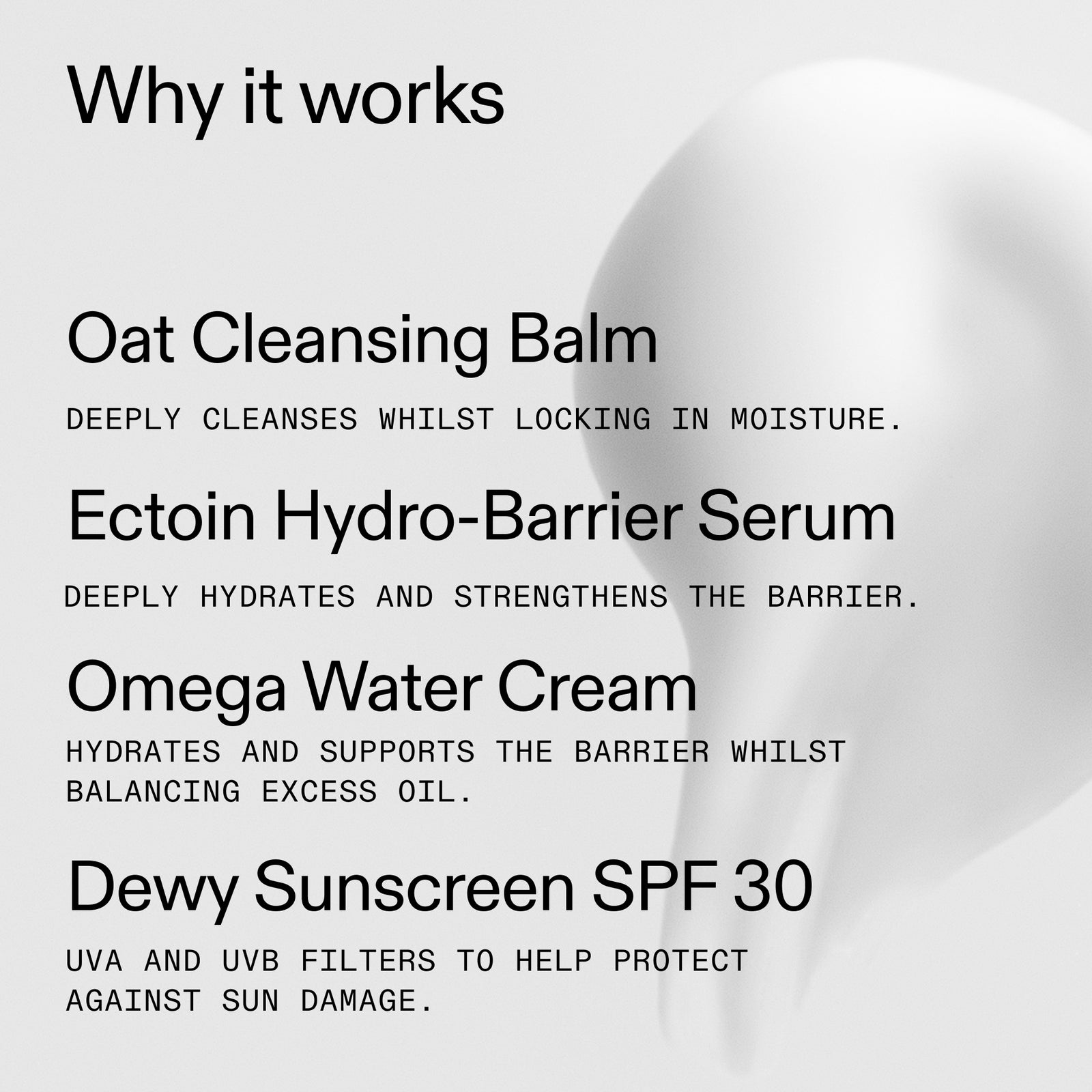 Skincare product line with text on a white background
