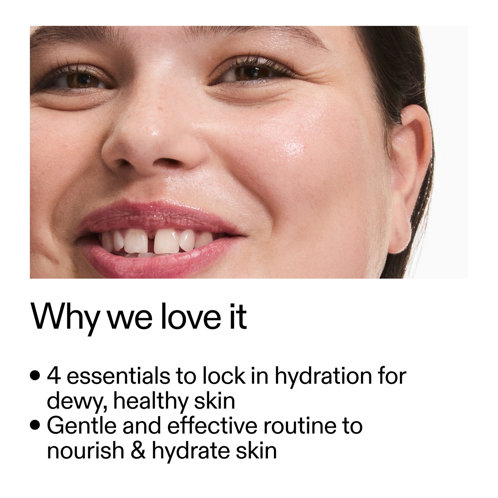 Close-up of a woman's face with text about skincare routine
