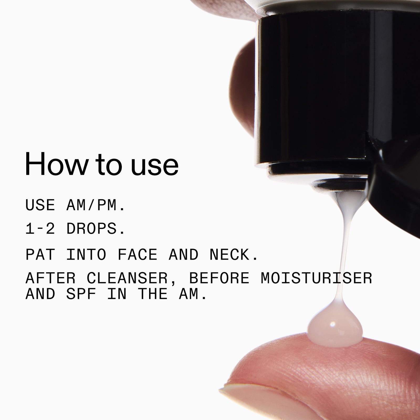 Niacinamide Serum being applied to skin, accompanied by usage instructions.