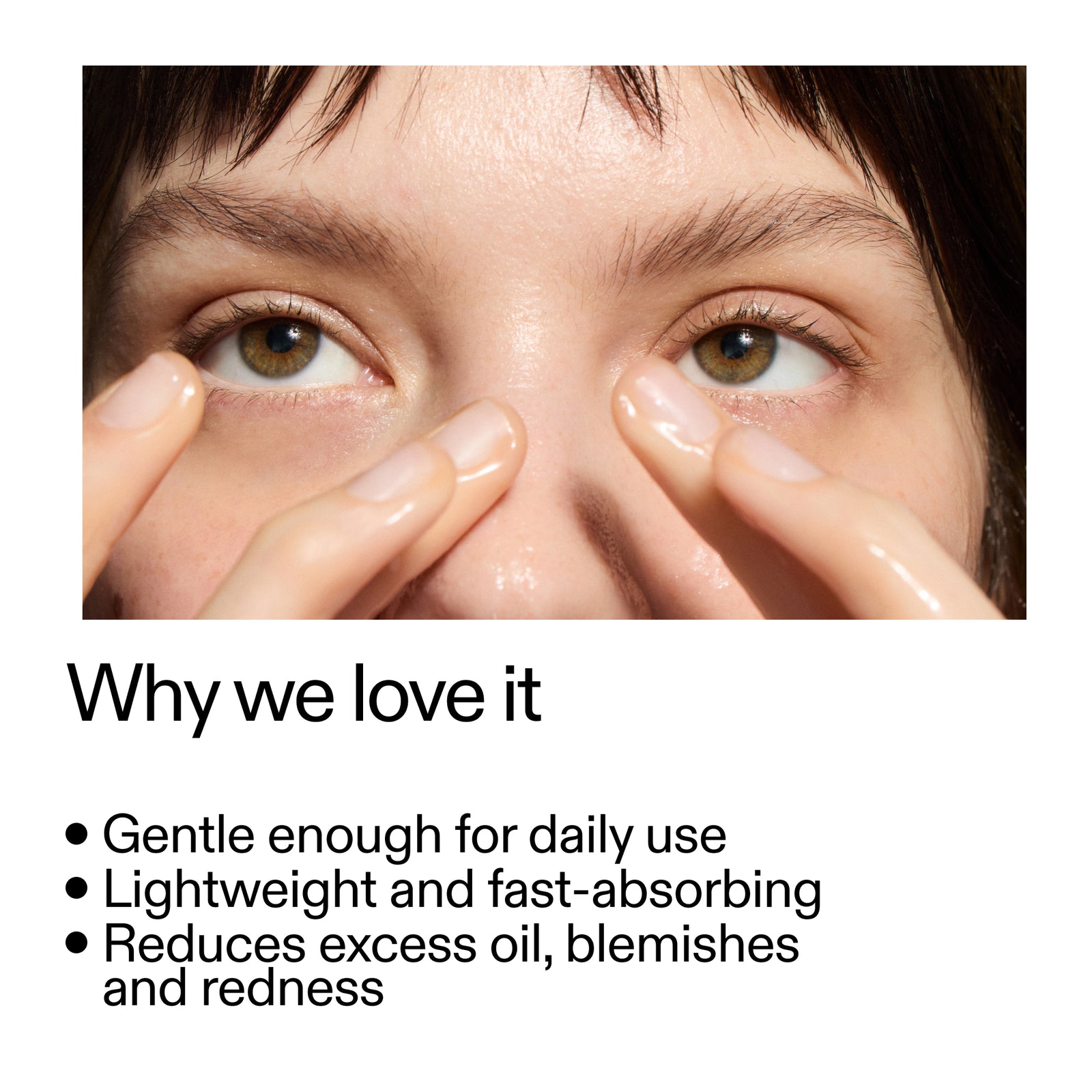 Close-up of a person applying a Niacinamide Serum to their eye with text highlighting its benefits.