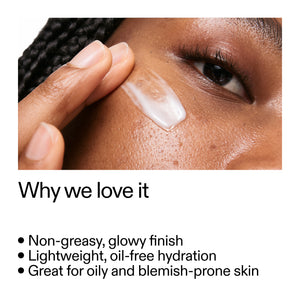 Close-up of skin with a Omega Water Cream application and text about product benefits.