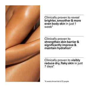 Advertisement for skin care product showing smooth skin with text highlighting benefits from clinical trial