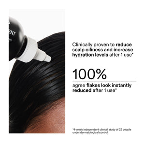 Hair care product being applied to scalp with text about its effects on scalp oiliness and hydration.