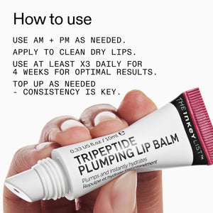 Tripeptide plumping lip balm with usage instructions on a white background