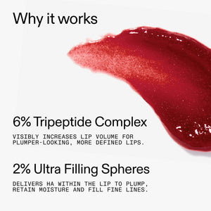 Tripeptide Plumping Berry Lip Balm and text about ingredients on a white background