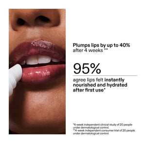 Lip product advertisement with a close-up of lips and text about lip plumping and hydration.