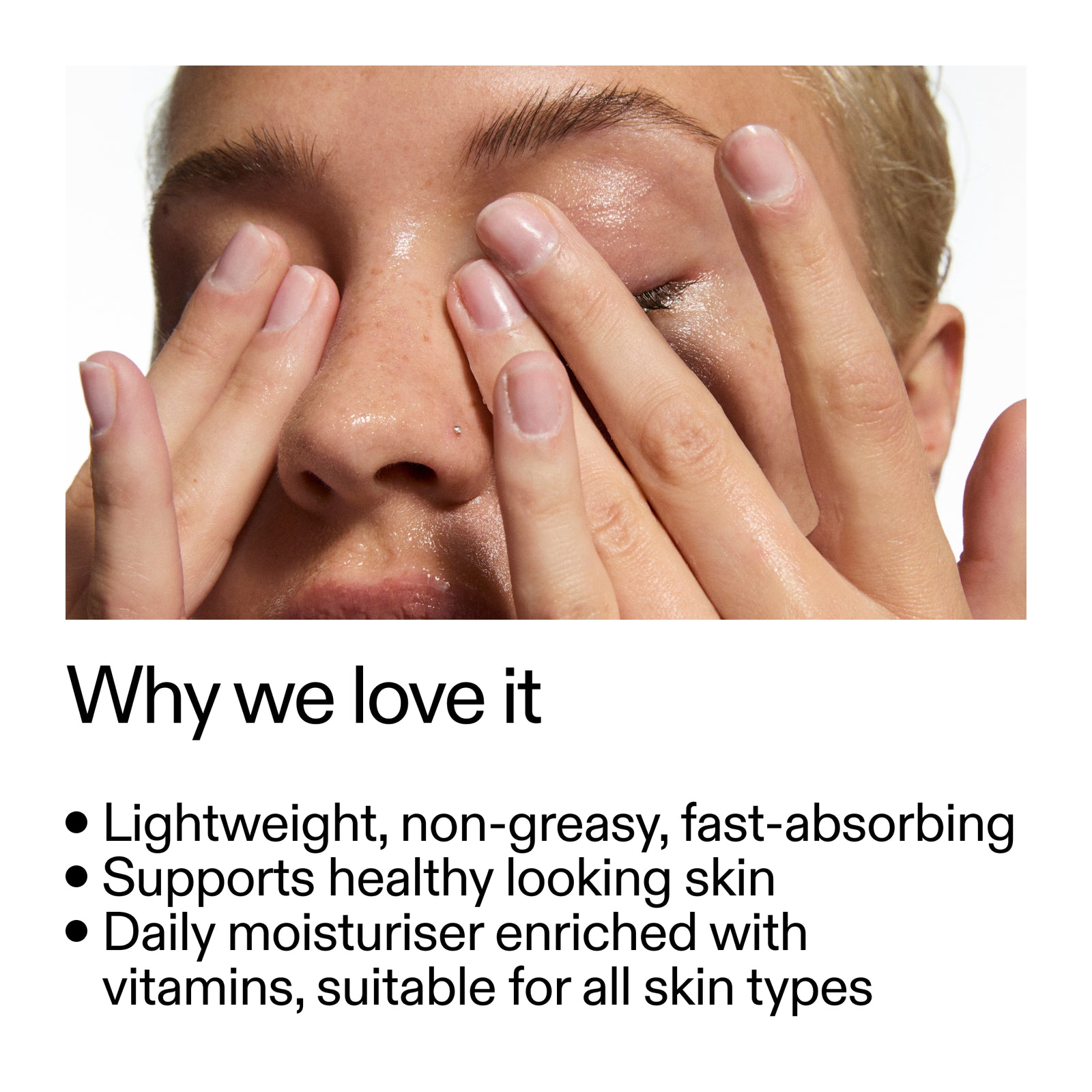 Person applying a daily moisturizer with text highlighting its benefits