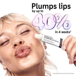 Model holding a tube of Tripeptide Plumping Lip Balm with key claim statistic 