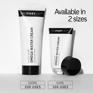 Two tubes of The Inkey List Omega Water Cream with size labels on a light gray background