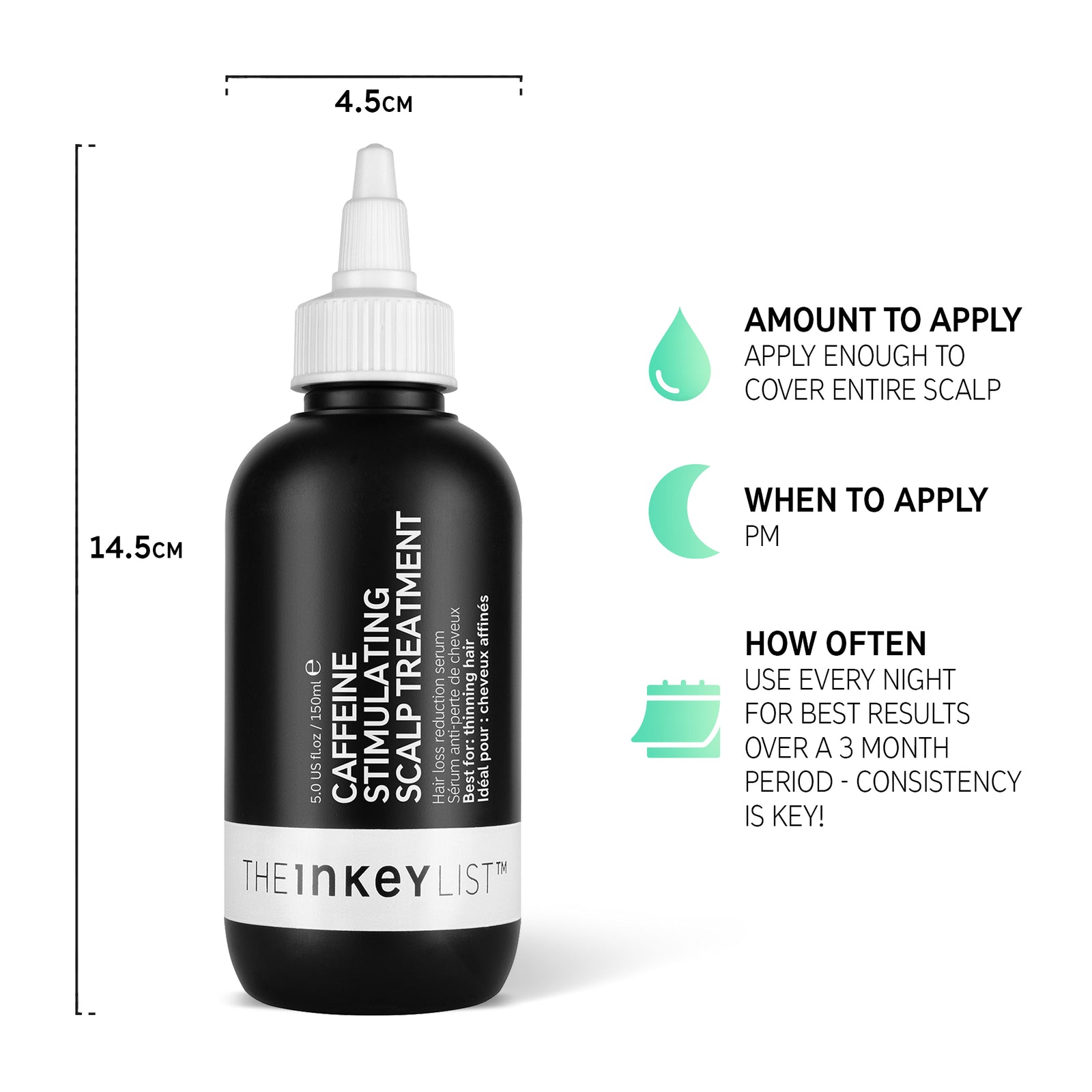 Hair Growth & Volume Duo Caffeine Scalp Treatment bottle infographic with product usage description