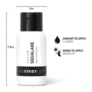 Squalane Oil bottle infographic with 'amount to apply (1-2 drops)' and 'when to apply (AM and PM)'