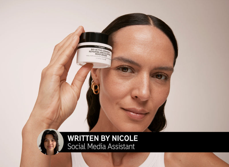 Model holding pot of Bio-Active Moisturizer with text overlay 'Written by Nicole'