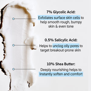 Key ingredients in Glycolic Acid Body Stick, 7% Glycolic Acid, 0.5 Salicylic Acid, 10% Shea Butter