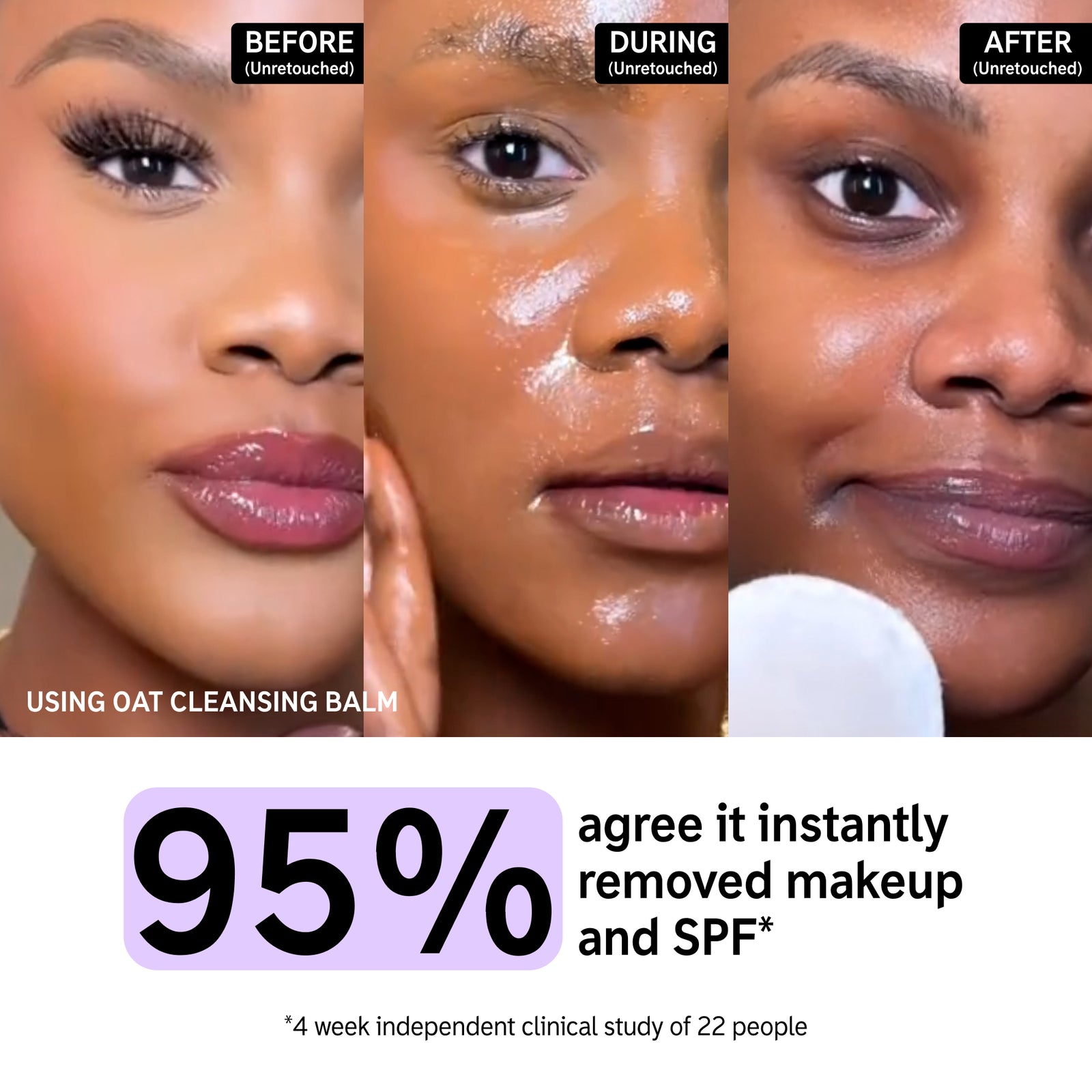 Before and after using Oat Cleansing Balm with key claim statistic