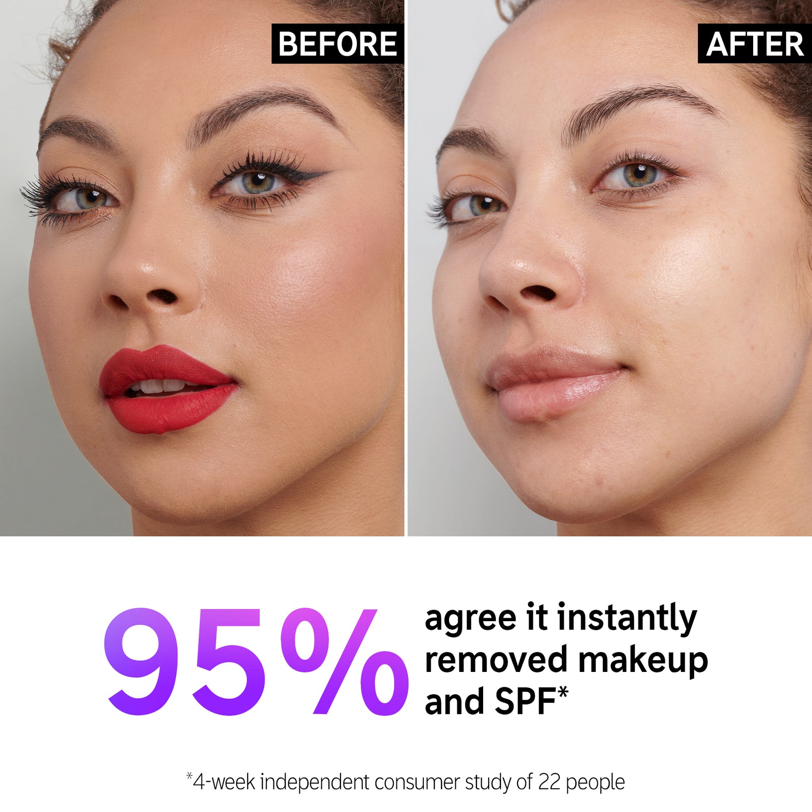 Before and after side by side shot of model using Oat Cleansing Balm to remove makeup with text '95% agree it instantly removed makeup and SPF*'
