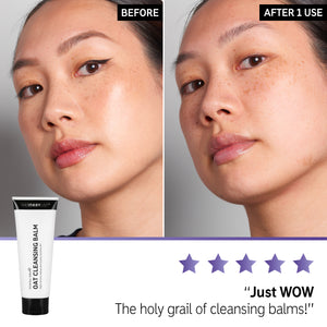 Hydration Boost Trio UGC before and after with a 5 star review underneath assets, spotlighting Oat Cleansing Balm in Hydration Boost Trio