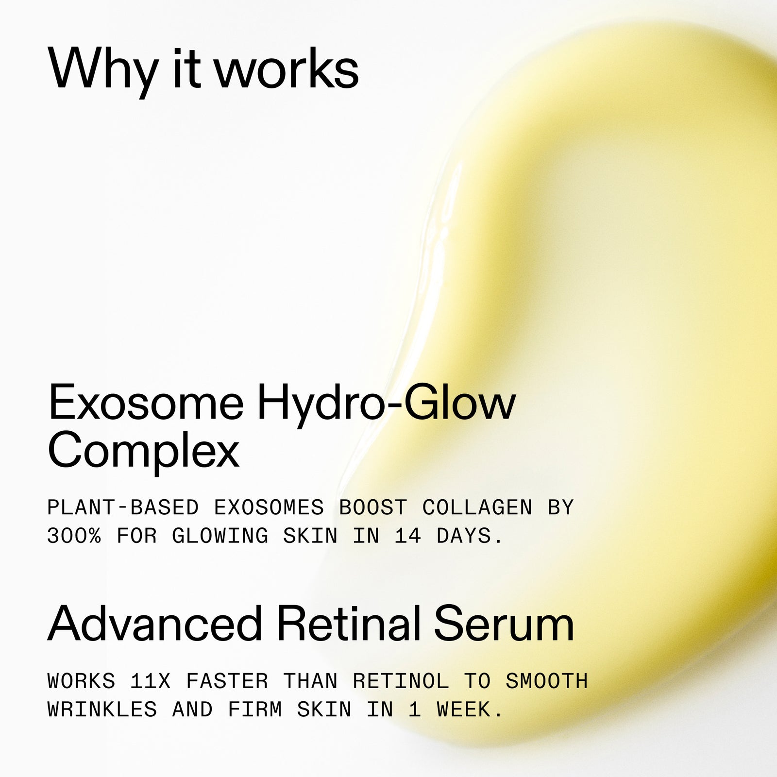 Cosmetic product with text about Exosome Hydro-Glow Complex and Advanced Retinal Serum on a white background.