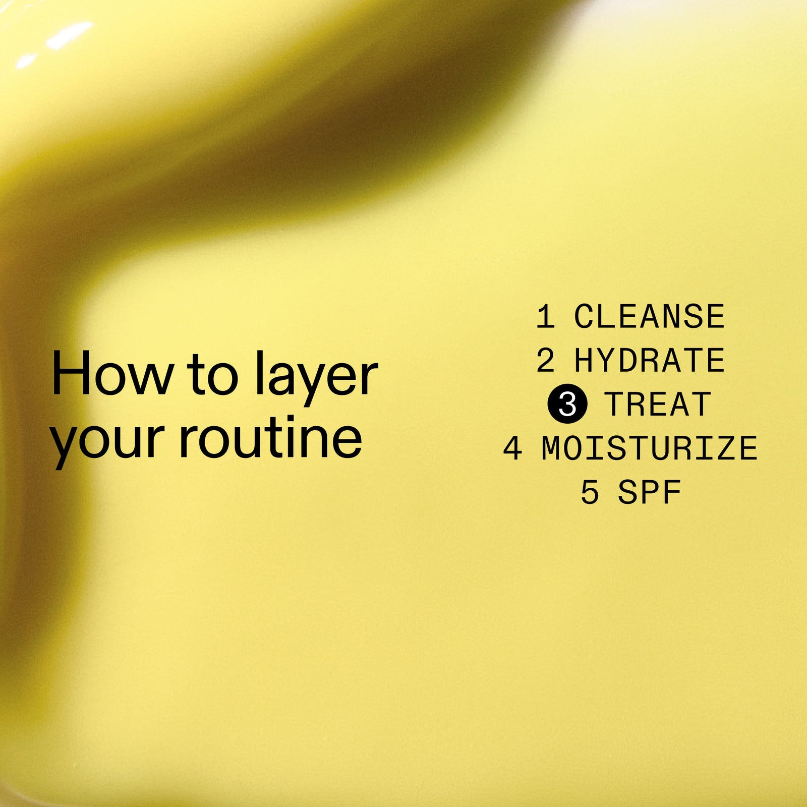 Yellow skincare product with text on how to layer a routine