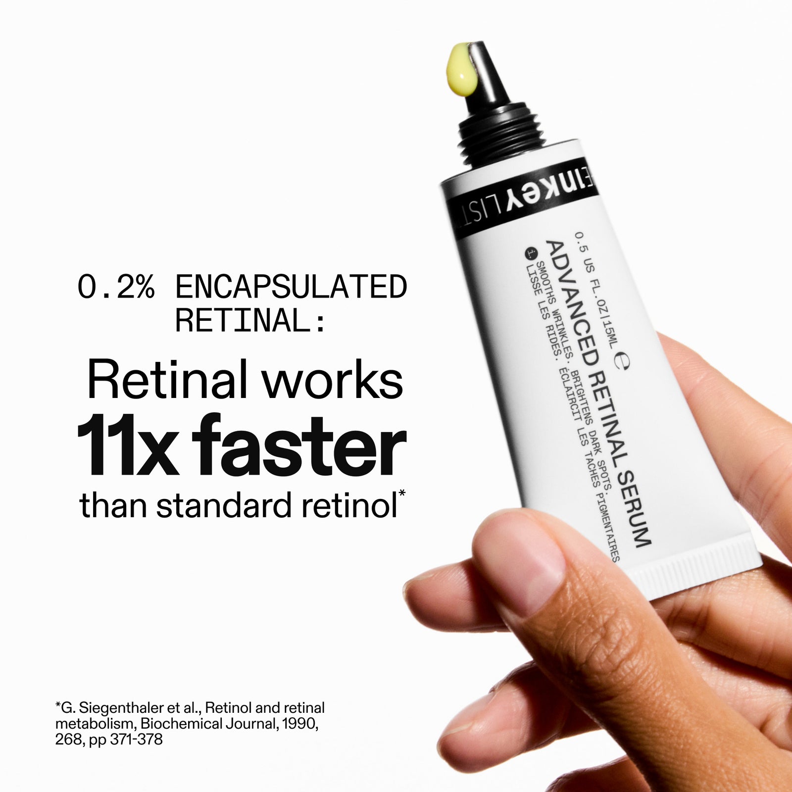 Hand holding a skincare serum bottle with text about retinal speed.