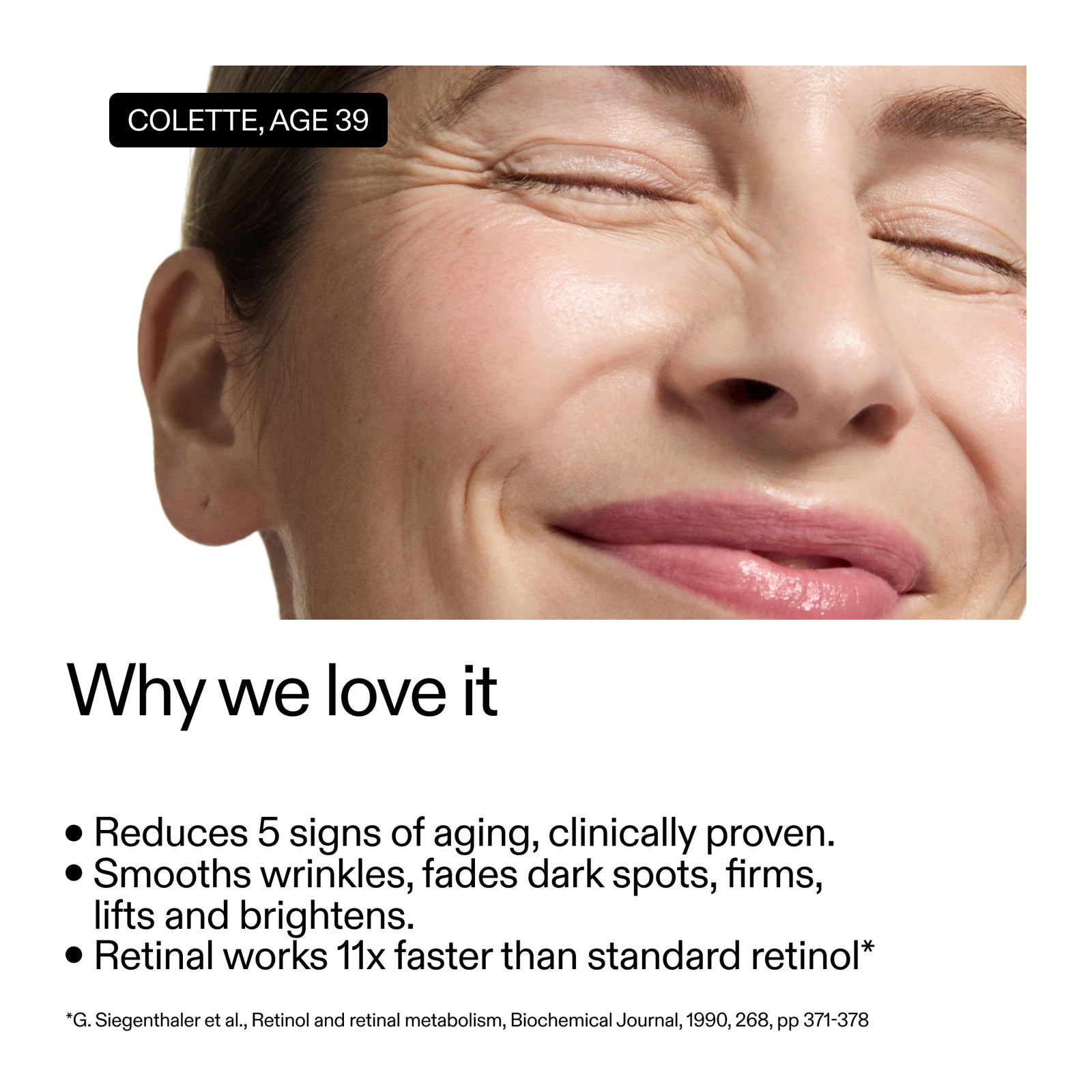 Woman's face with text about skincare product benefits