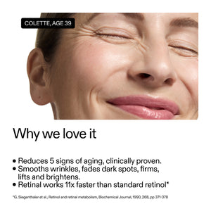 Woman's face with text about skincare product benefits
