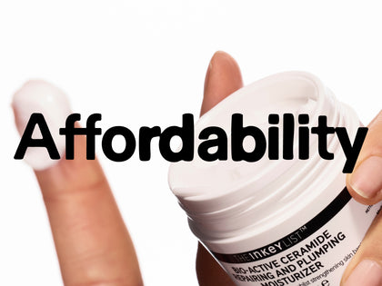 Hand holding a skincare product with the word 'Affordability' displayed.