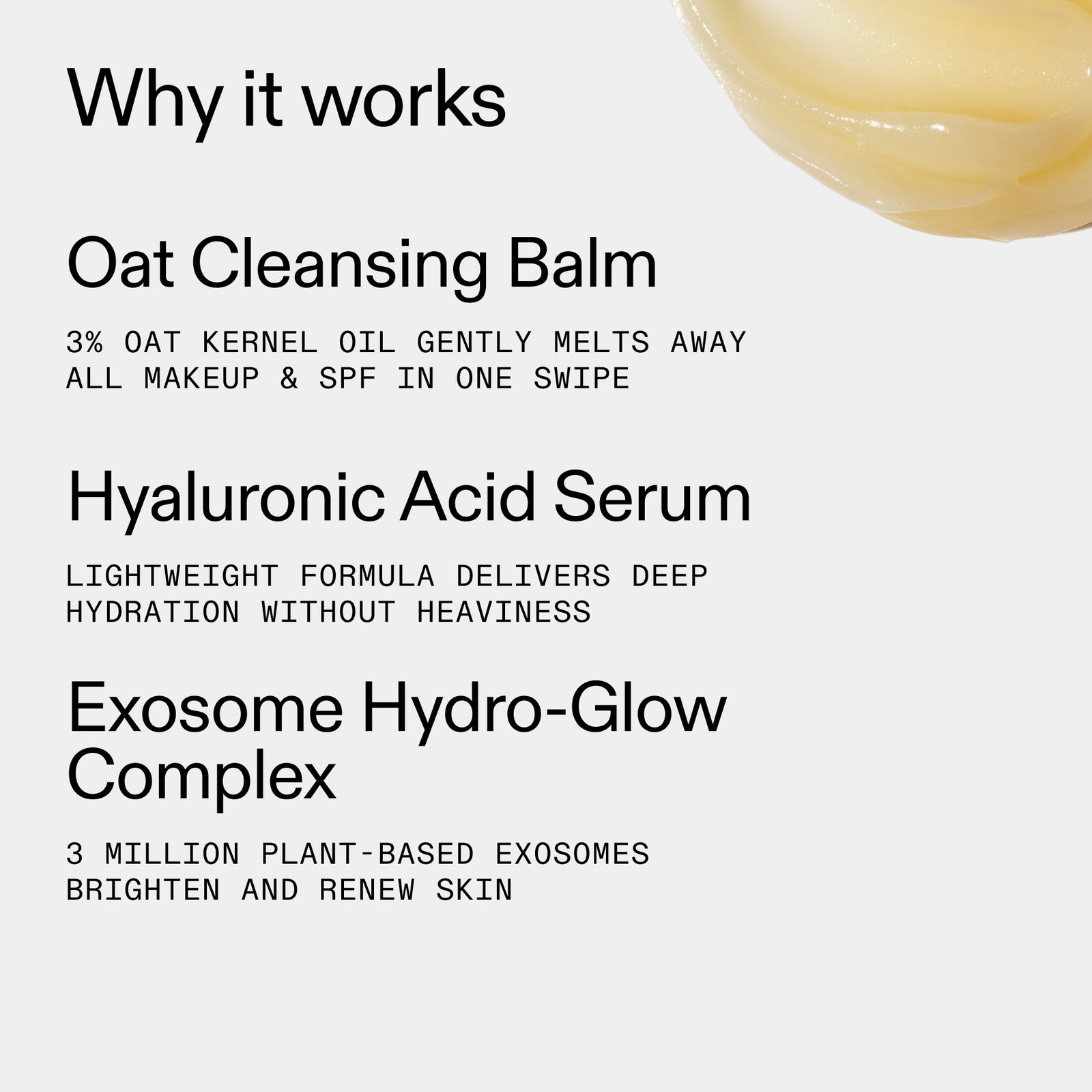 Text detailing the components of a skincare product with an image of a balm on a white background.