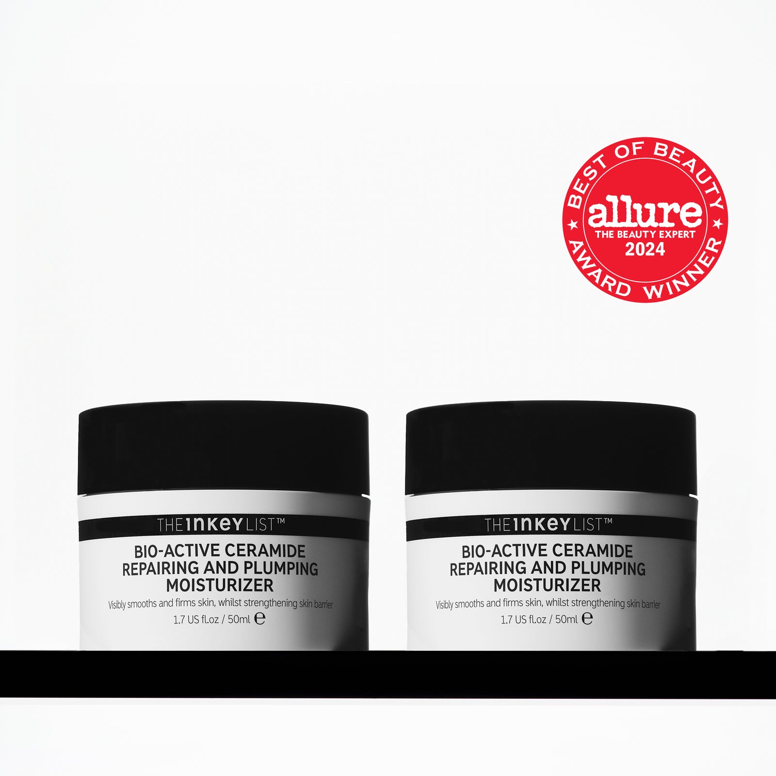 Two jars of 'The Inkey List' moisturizer with an Allure award badge on a white background