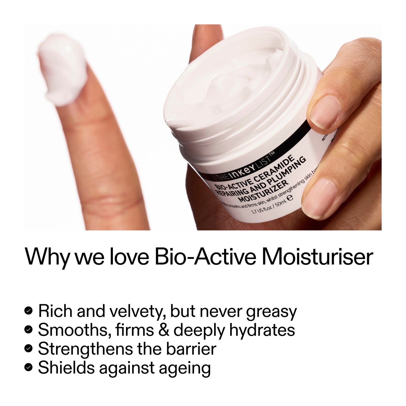 Bio-Active Moisturizer jar with text highlighting benefits