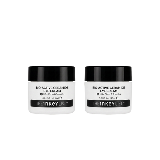 Two white jars of The Inkey List Bio-Active Ceramide Eye Cream with black lids, displayed side-by-side on a plain white background.