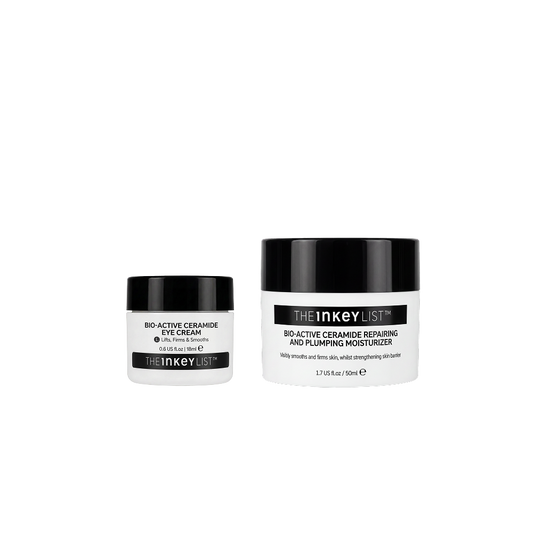 Two skincare jars from The Inkey List on a plain white background: a smaller white jar with a black lid labeled Bio-Active Ceramide Eye Cream, and a larger white jar with a black lid labeled Bio-Active Ceramide Repairing and Plumping Moisturizer.