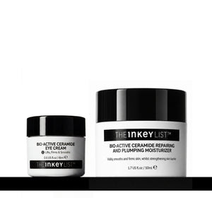 Two skincare jars from The Inkey List on a black surface against a white background: a smaller Bio-Active Ceramide Eye Cream jar and a larger Bio-Active Ceramide Repairing and Plumping Moisturizer jar.