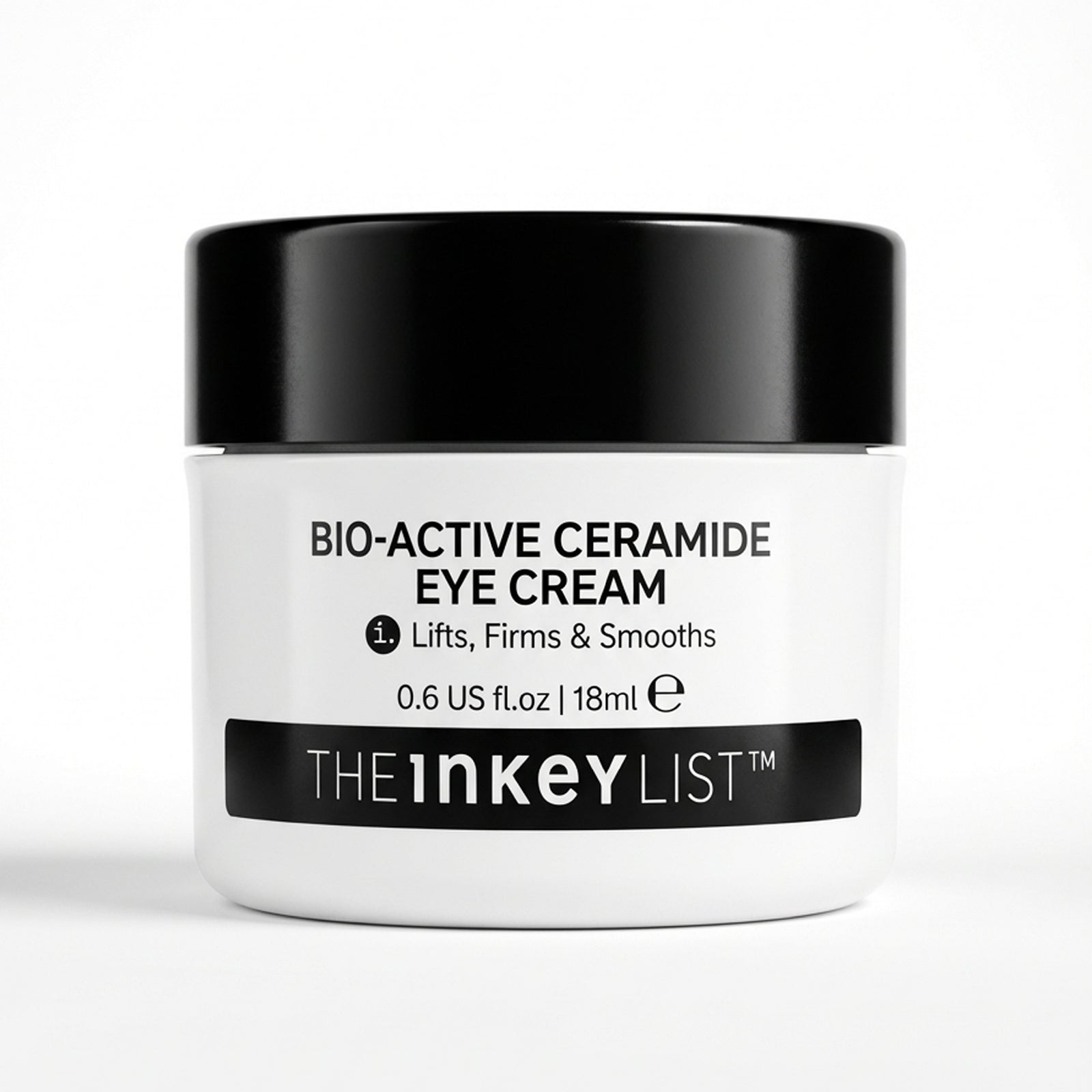 A white cosmetic jar with a black lid labeled 'BIO-ACTIVE CERAMIDE EYE CREAM' and the brand name 'THEinkeyLIST' on a clean white background.
