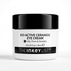 A white cosmetic jar with a black lid labeled 'BIO-ACTIVE CERAMIDE EYE CREAM' and the brand name 'THEinkeyLIST' on a clean white background.