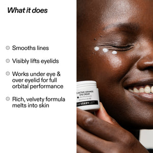 A split promotional graphic with text on the left and a close-up of a woman applying eye cream on her cheek. The left side reads 'What it does' with bullet points about smoothing lines, lifting eyelids, and rich velvety formula.
