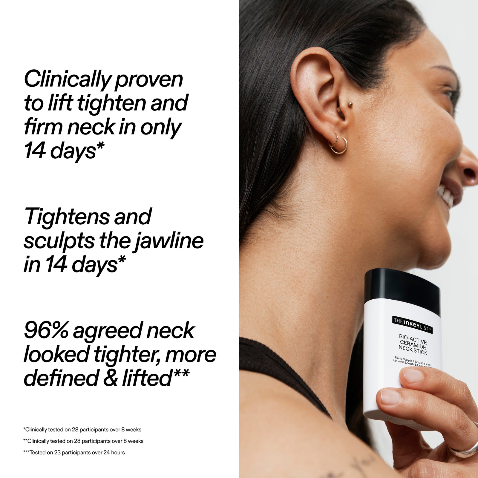 A skincare ad showing a woman holding a neck gel stick while text on the left claims clinically proven neck lifting in 14 days. The product container is white with a black cap and visible branding.