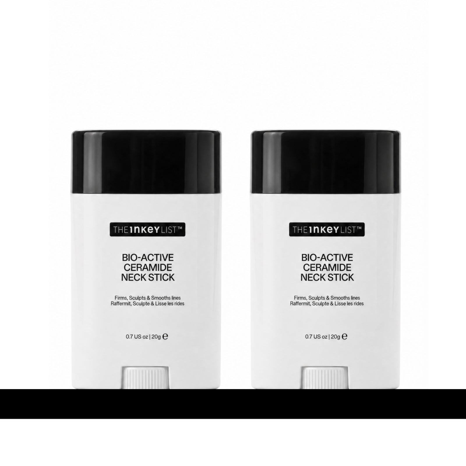 Two white and black containers of The Inkey List Bio-Active Ceramide Neck Stick shown side by side on a white background with a black horizontal bar at the bottom.